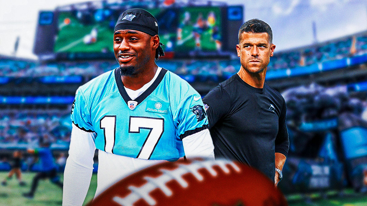 Xavier Legette and Dave Canales in front of the Panthers Stadium