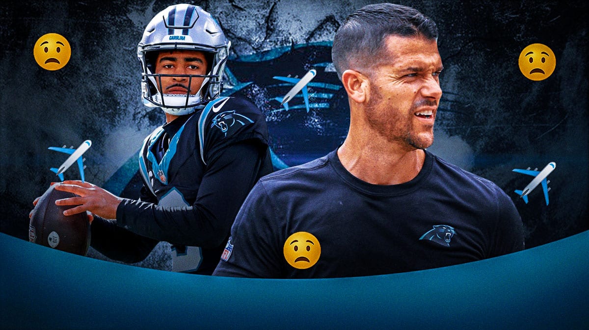 Carolina Panthers head coach Dave Canales and QB Bryce Young surrounded by plane emojis (✈️) and worried/fearful emojis (😨). There is also a logo for the Carolina Panthers.