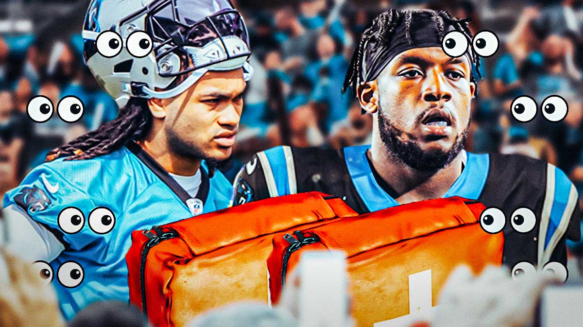 Jonathon Brooks and D.J. Wonnum on one side (in Carolina Panthers jerseys if they aren't already) with injury kits in front of them, a bunch of Carolina Panthers fans on the other side with the big eyes emoji around them
