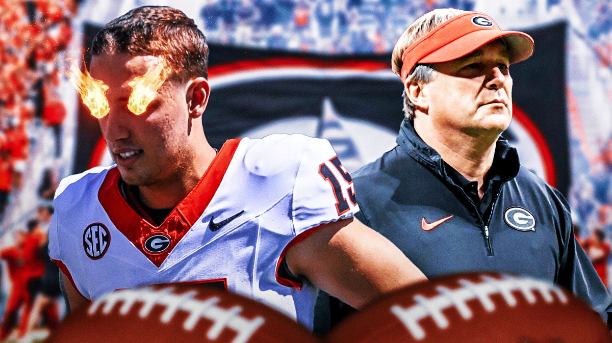 Carson Beck with fire on his eyes. Kirby Smart next to him.