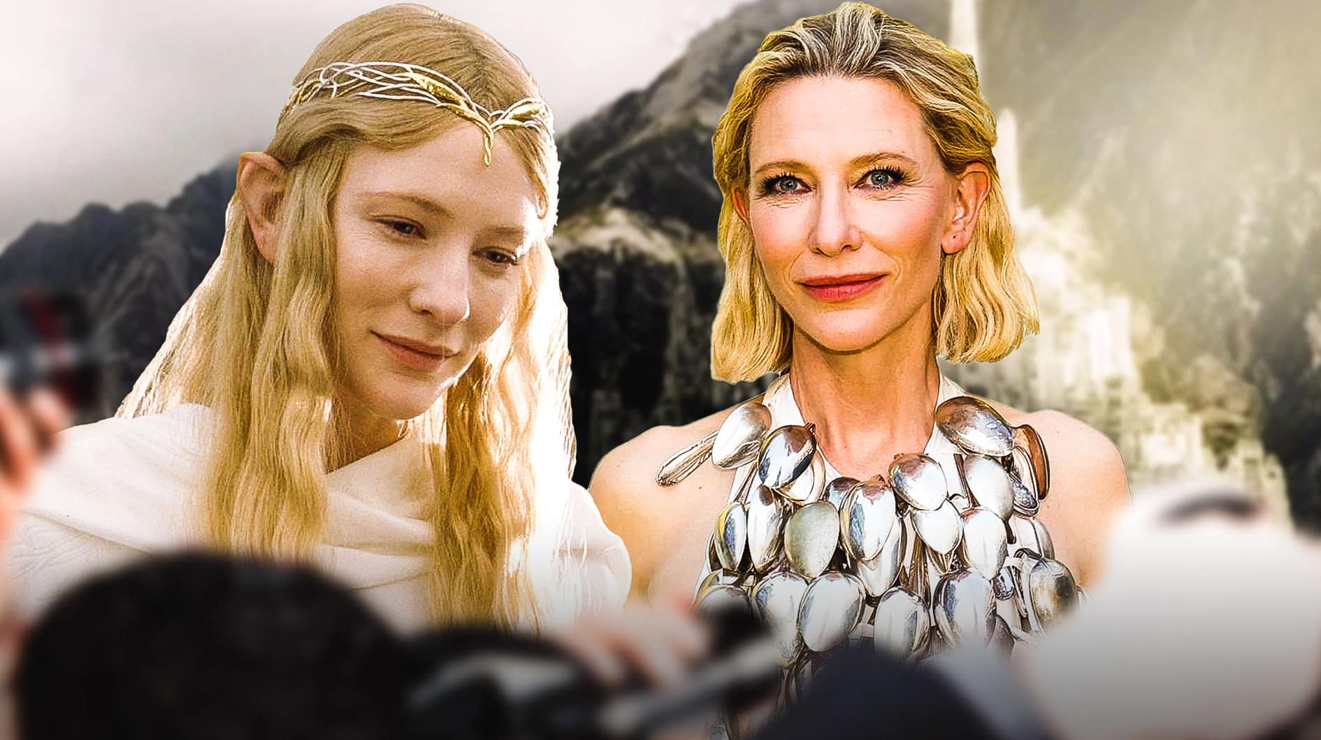 Galadriel from Lord of the Rings next to Cate Blanchett with Middle-Earth background.