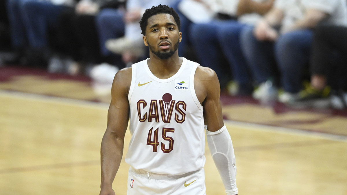 Cleveland Cavaliers guard Donovan Mitchell (45) reacts in the fourth quarter of game three of the second round of the 2024 NBA Playoffs against the Boston Celtics at Rocket Mortgage FieldHouse