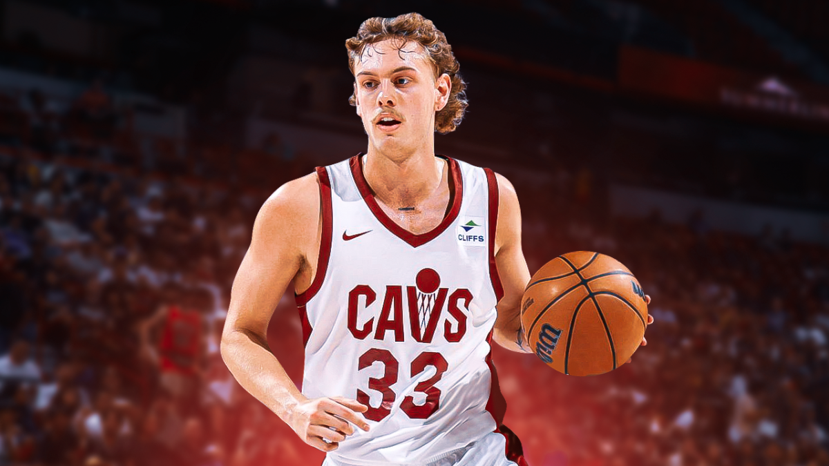 Luke Travers in a crossover Melbourne United-Cavs uniform with a Cleveland Cavaliers themed background.