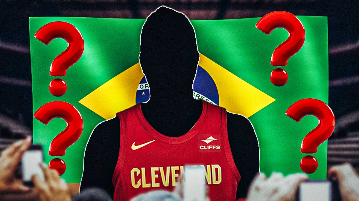 A silhouetted player in a Cavs jersey surrounded by question marks with a Brazillian flag as the background.