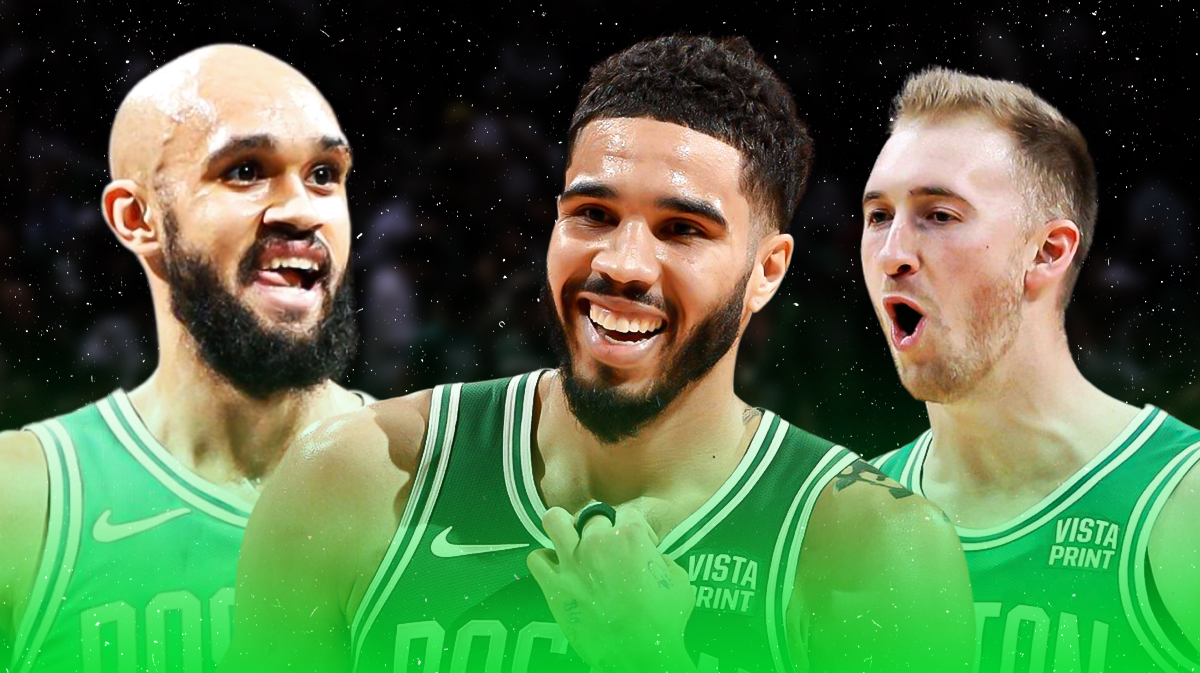 Jayson Tatum, Derrick White, and Sam Hauser smiling together on a Celtics background