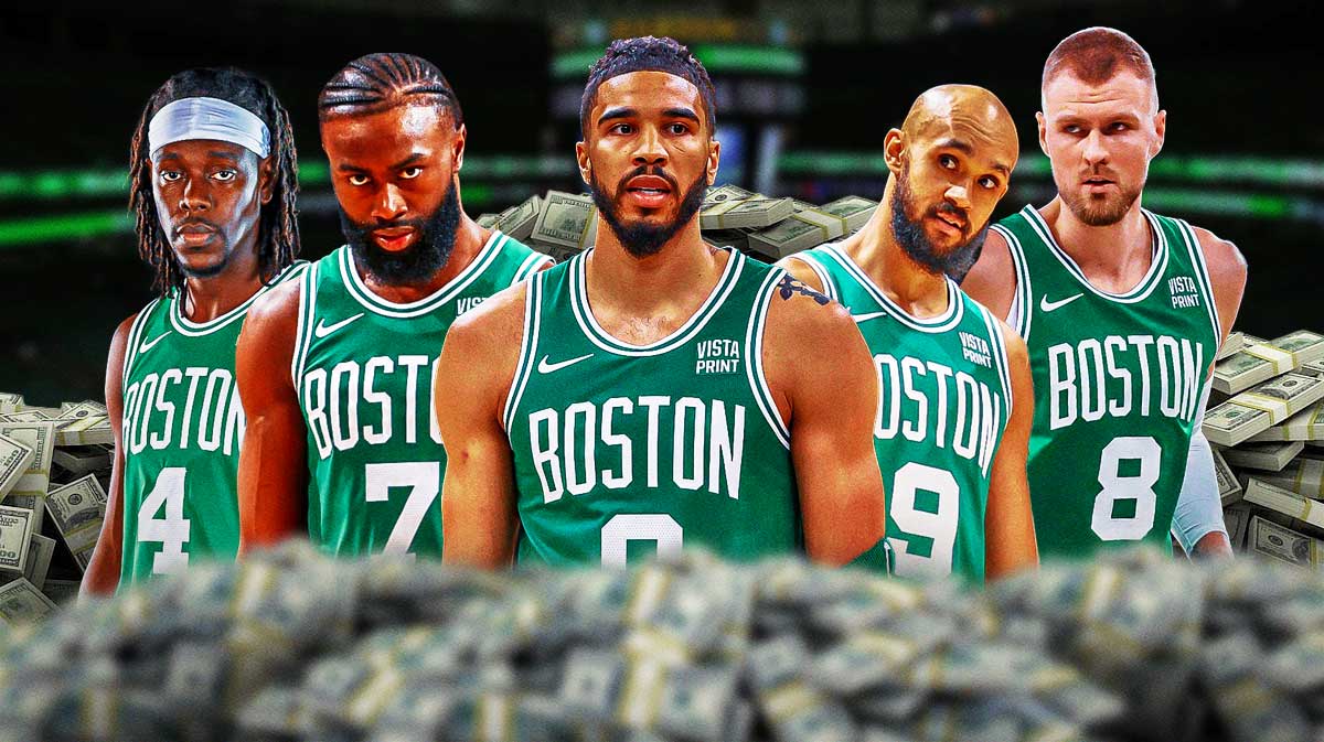 Celtics' Jrue Holiday, Jaylen Brown, Jayson Tatum, Derrick White and Kristaps Porzingis surrounded by money