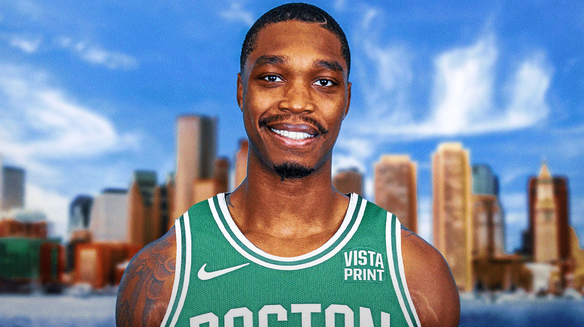 Lonnie Walker smiling in a Celtics jersey on a Boston city background.
