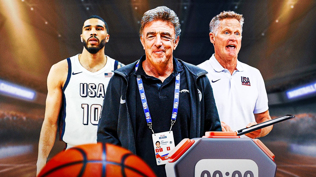 Boston Celtics owner Wyc Grousbeck in the middle with Team USA's Jayson Tatum and Steve Kerr on either side.