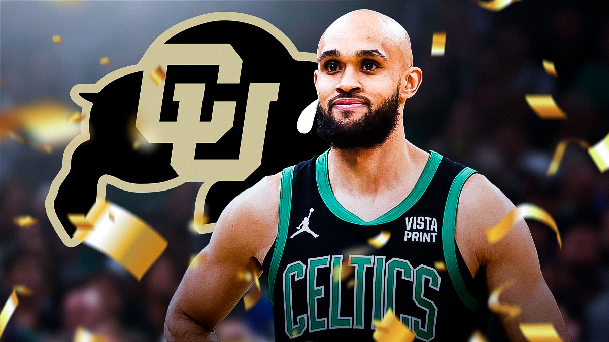 Derrick White surrounded by confetti with Colorado Football logo