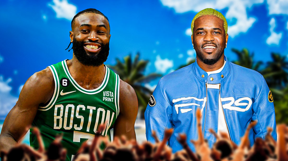 Jaylen Brown and A$AP Ferg surrounded by/in a sea of Celtics fans.