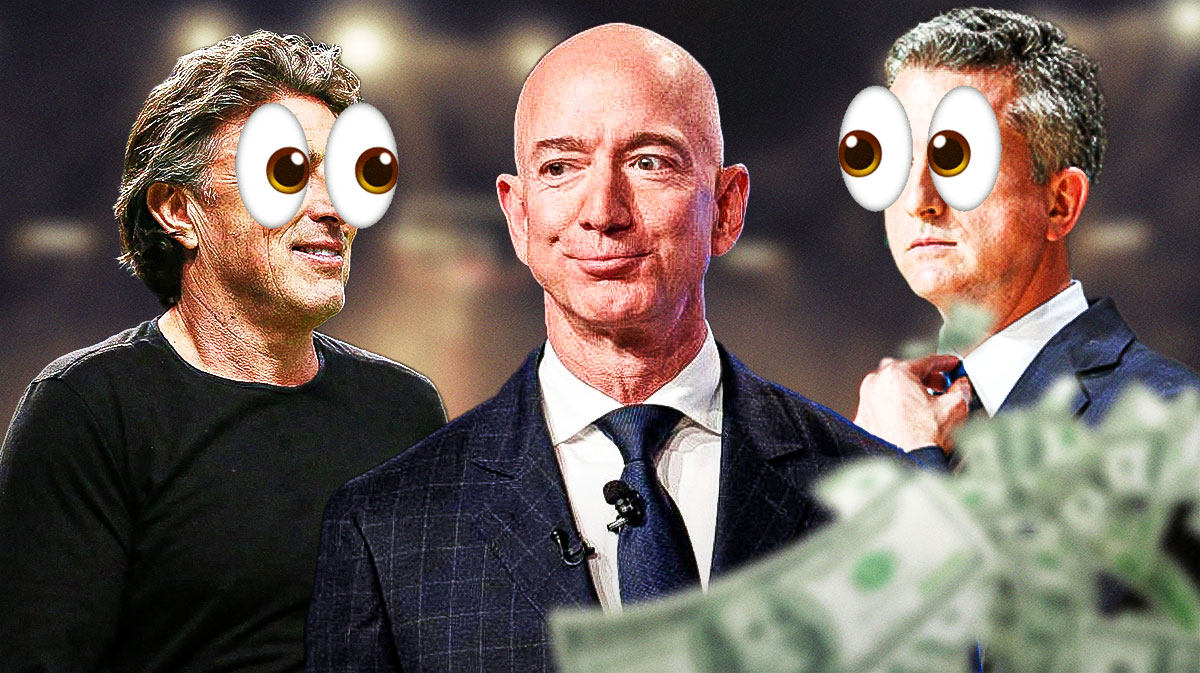 Bill Simmons in the middle, Jeff Bezos on one side, Wyc Grousbeck on the other side with the big eyes emoji over his face