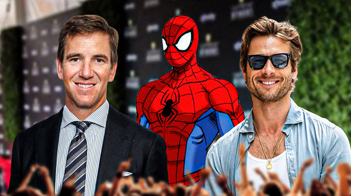 Eli Manning and Hulu Chad Powers star Glen Powell with Spider-Man in between them.