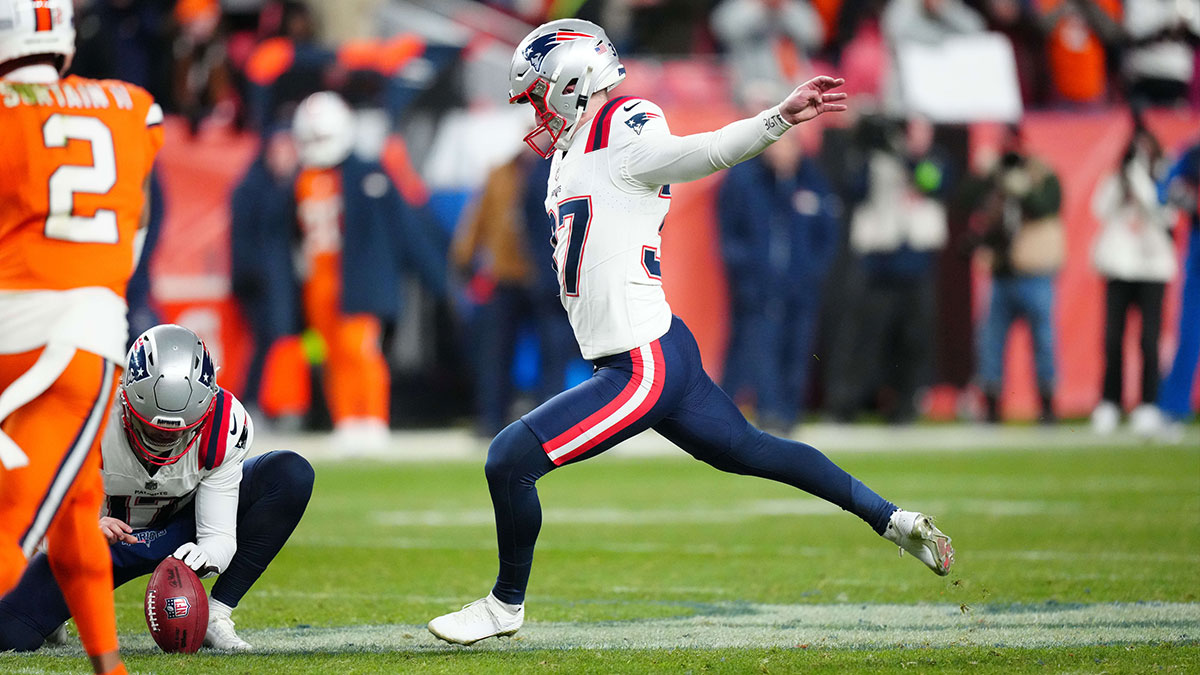 New England Patriots place kicker Chad Ryland (37) prepares to kick the winning field goal in the fourth quarter against the Denver Broncos at Empower Field at Mile High.