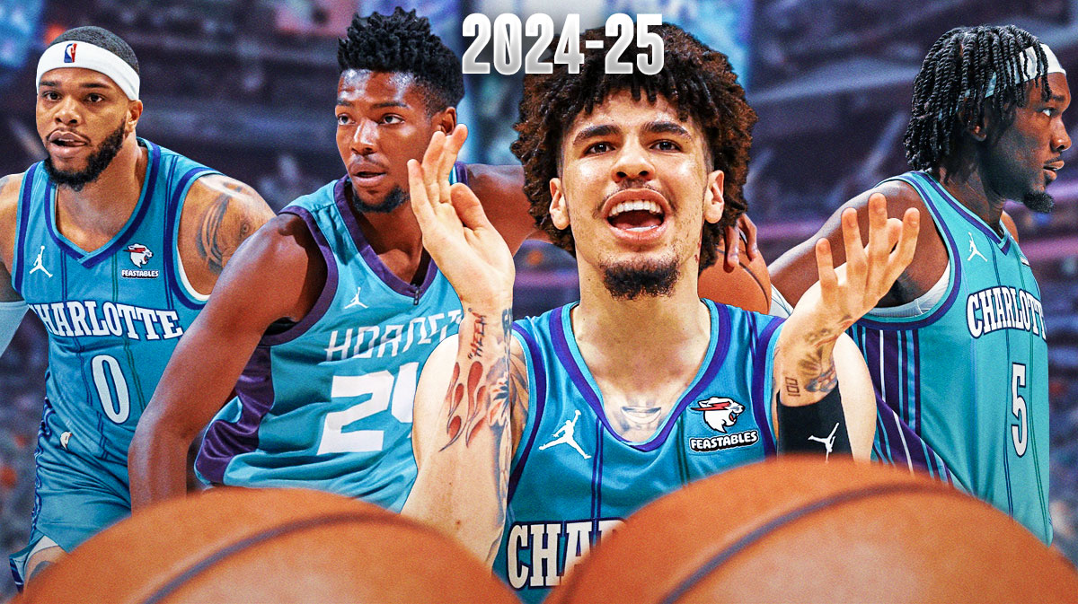 Hornets LaMelo Ball, Brandon Miller, Miles Bridges, and Mark Williams all in action with "2024-25" across the top with