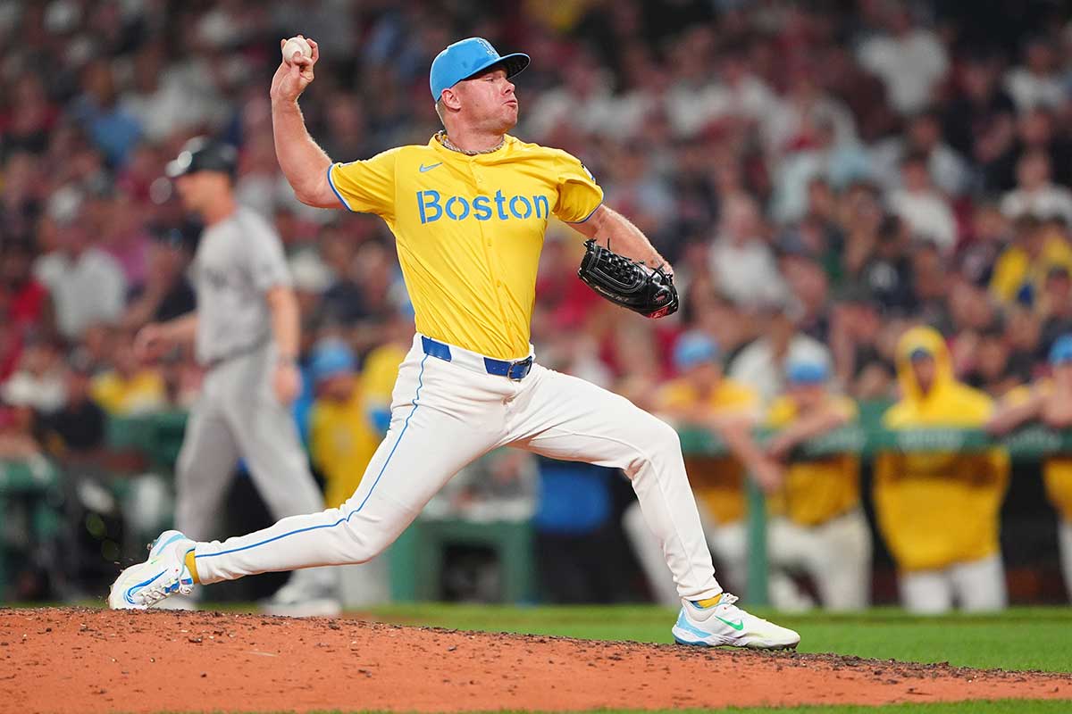 Boston Red Sox pitcher Chase Anderson (48) delivers a pitch against the New York Yankees during the tenth inning at Fenway Park.