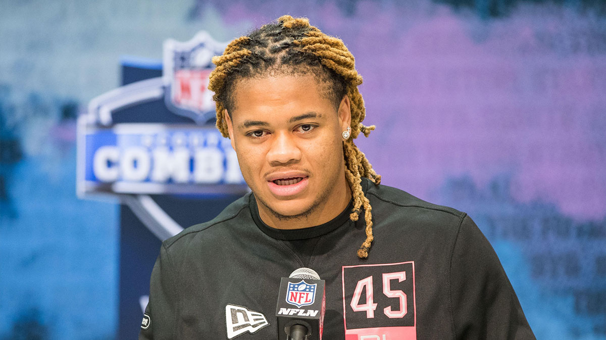 Ohio State defensive lineman Chase Young (DL45) speaks to the media during the 2020 NFL Combine in the Indianapolis Convention Center.