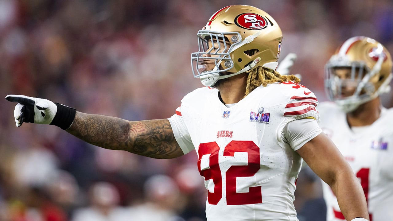 San Francisco 49ers defensive end Chase Young (92) reacts against the Kansas City Chiefs in Super Bowl LVIII at Allegiant Stadium.