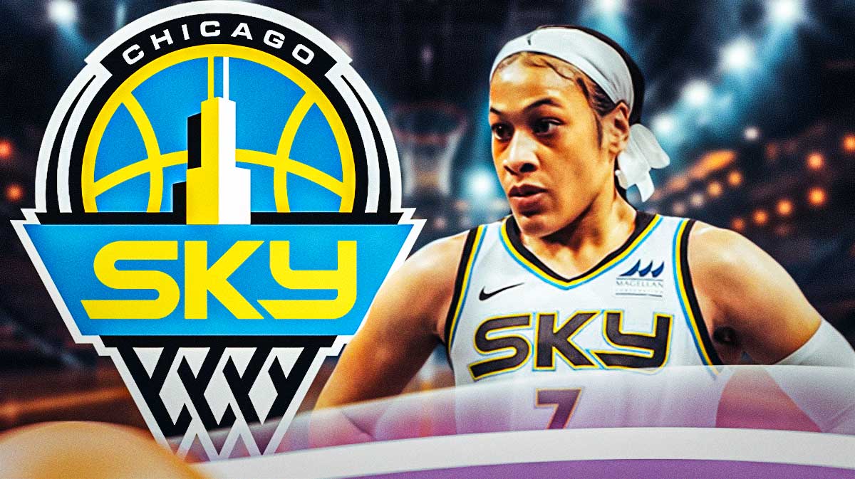 Chicago Sky logo with Chennedy Carter looking at WNBA top 25 rankings reporters, Angel Reese in background