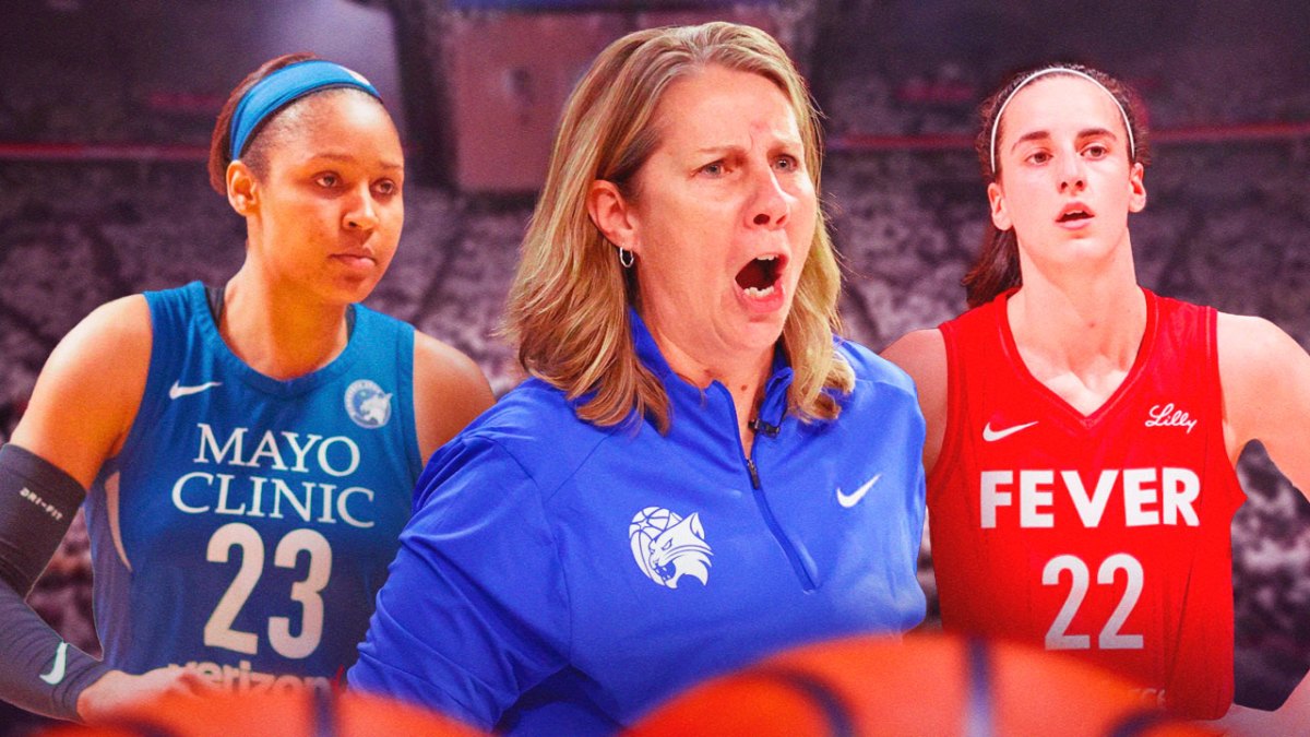 Minnesota Lynx coach Cheryl Reeve with Caitlin Clark on one side of her and Maya Moore on the other side of her. Have Maya Moore in her Lynx jersey from her playing days.
