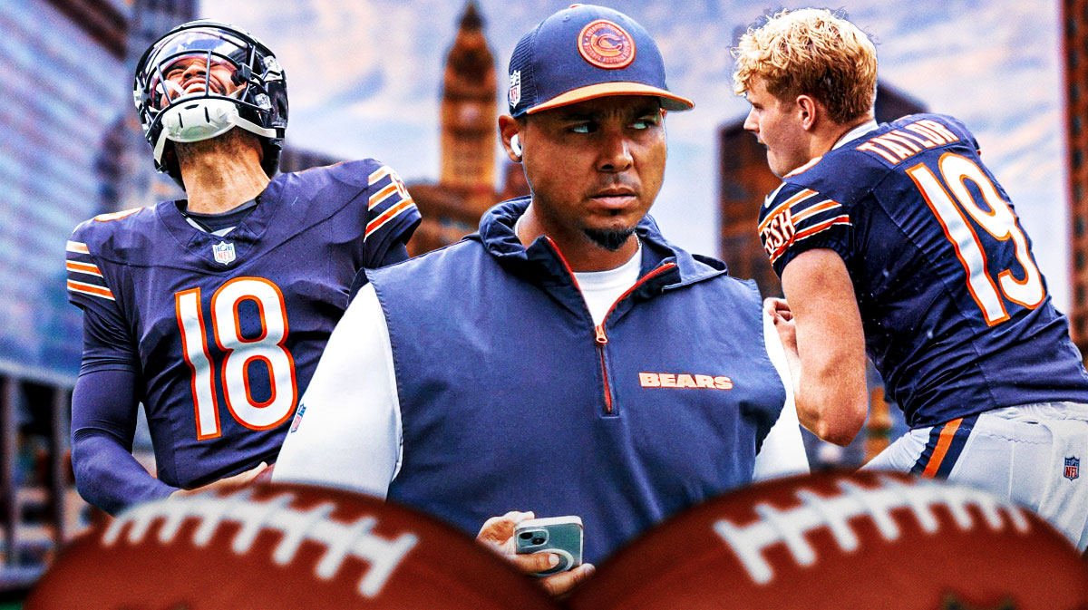 Chicago Bears general manager Ryan Poles with rookies Caleb Williams and Tory Taylor