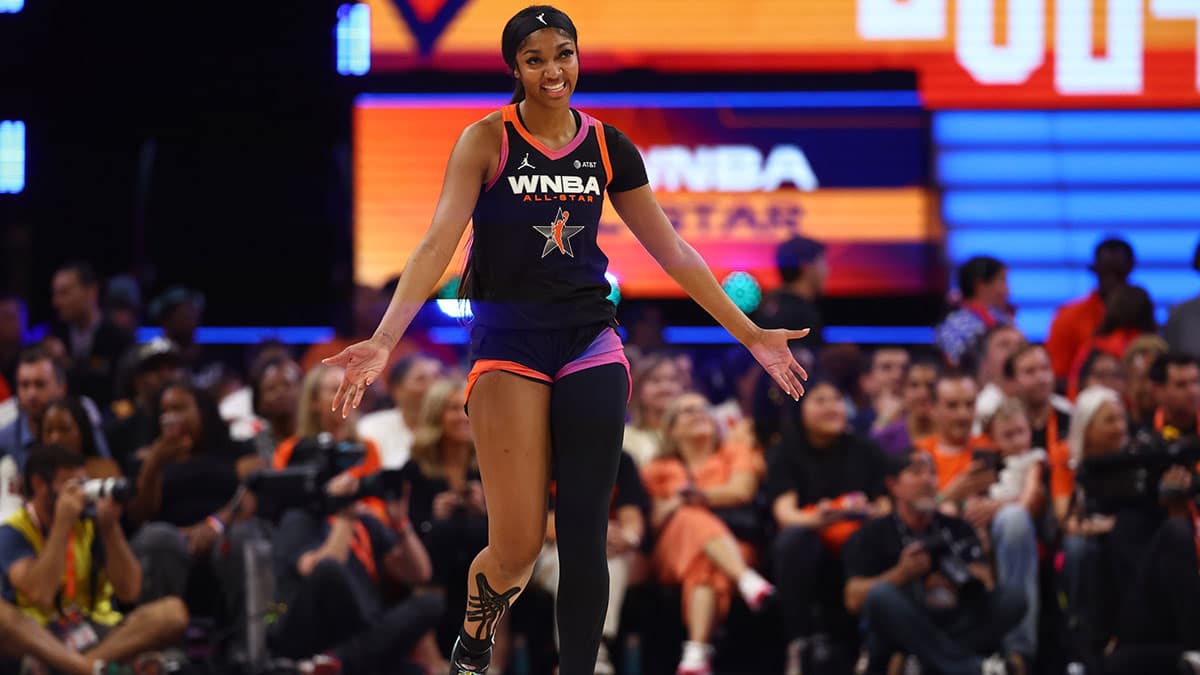 Chicago Sky player Angel Reese reacts during the WNBA All Star Game at Footprint Center. 