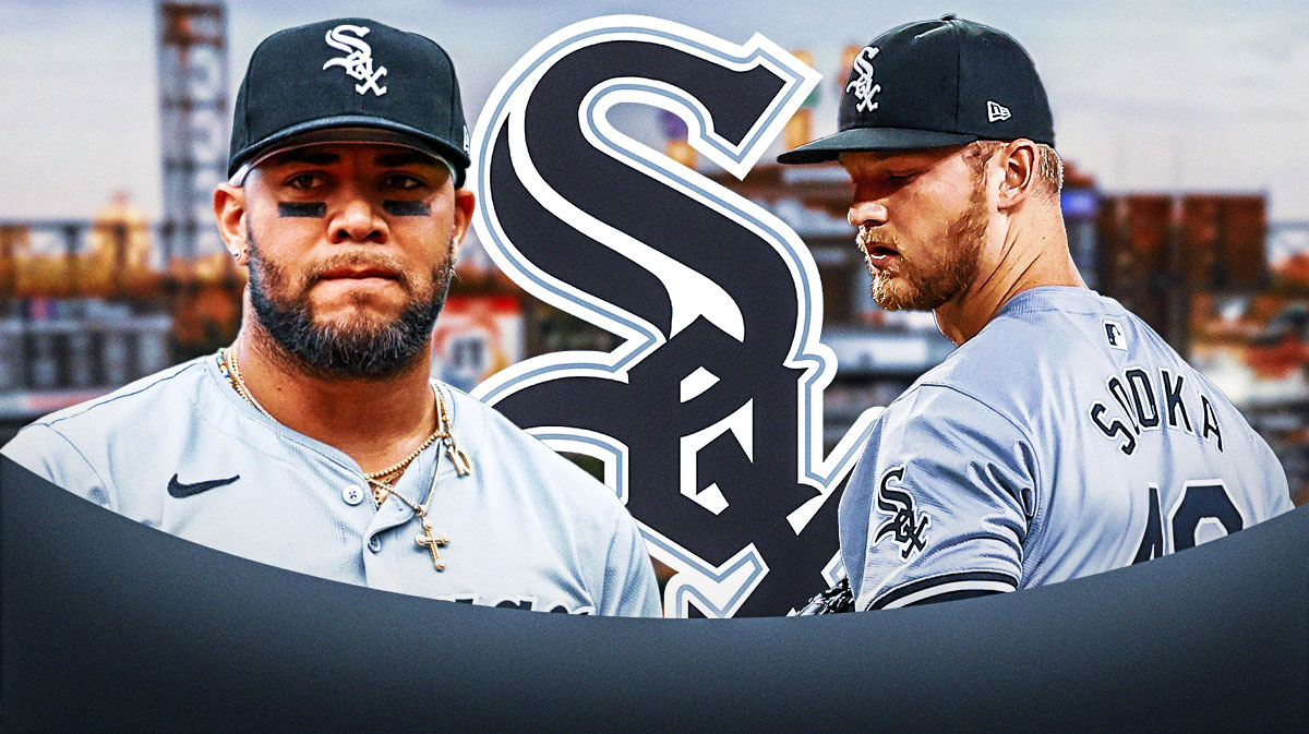 Chicago White Sox logo in center, Chicago White Sox third baseman Yoan Moncada on left side, Chicago White Sox starting pitcher Michael Soroka on right side, Guaranteed Rate Field (home stadium of the Chicago White Sox) in background