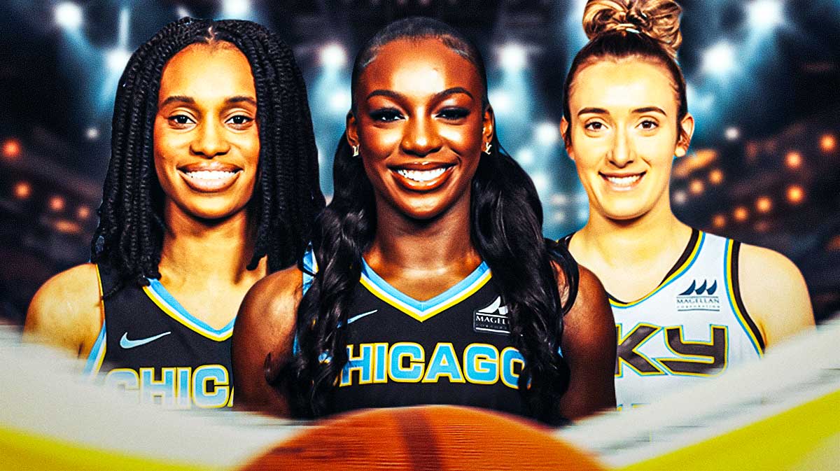 Sky's Brianna Turner, Michaela Onyenwere stand next to Sun's Marina Mabrey, Alyssa Thomas in background