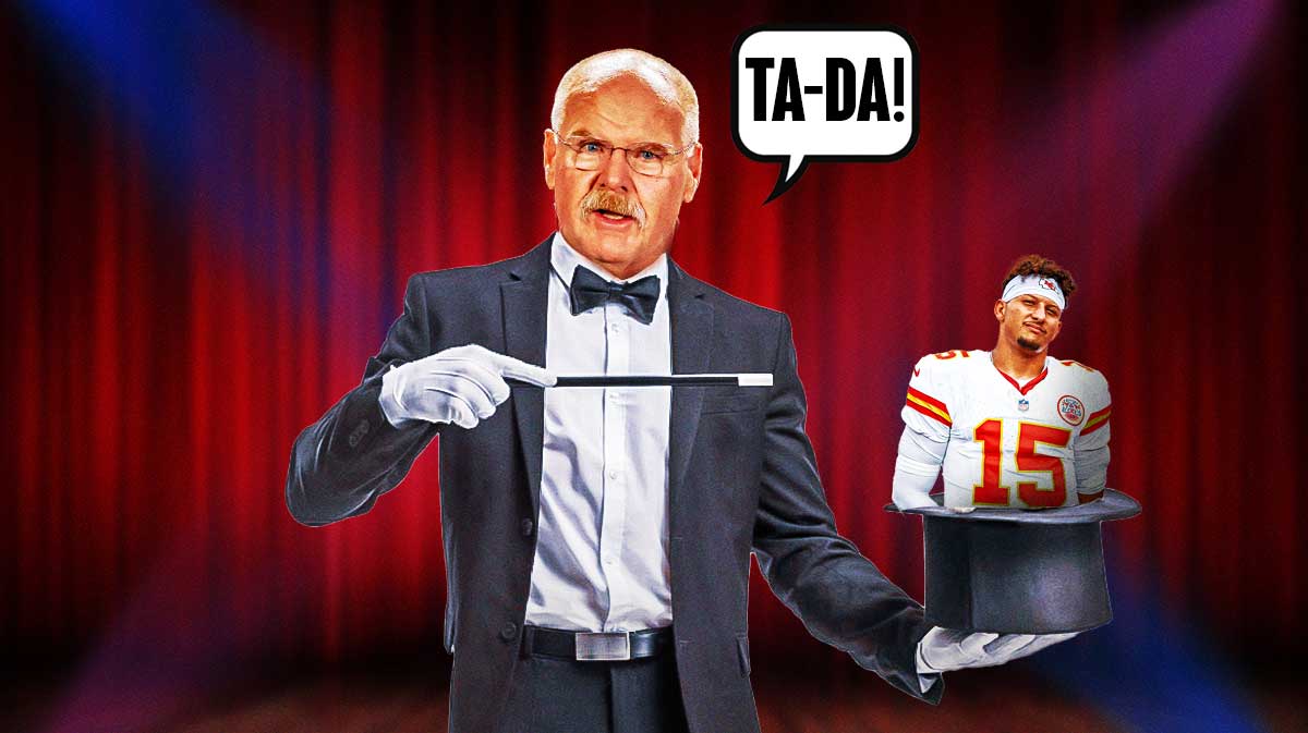 Andy Reid as a magician pulling Patrick Mahomes as a rabbit out of a hat, with a speech bubble coming from Reid saying, "Ta-da!" featuring a Chiefs-colored bg.