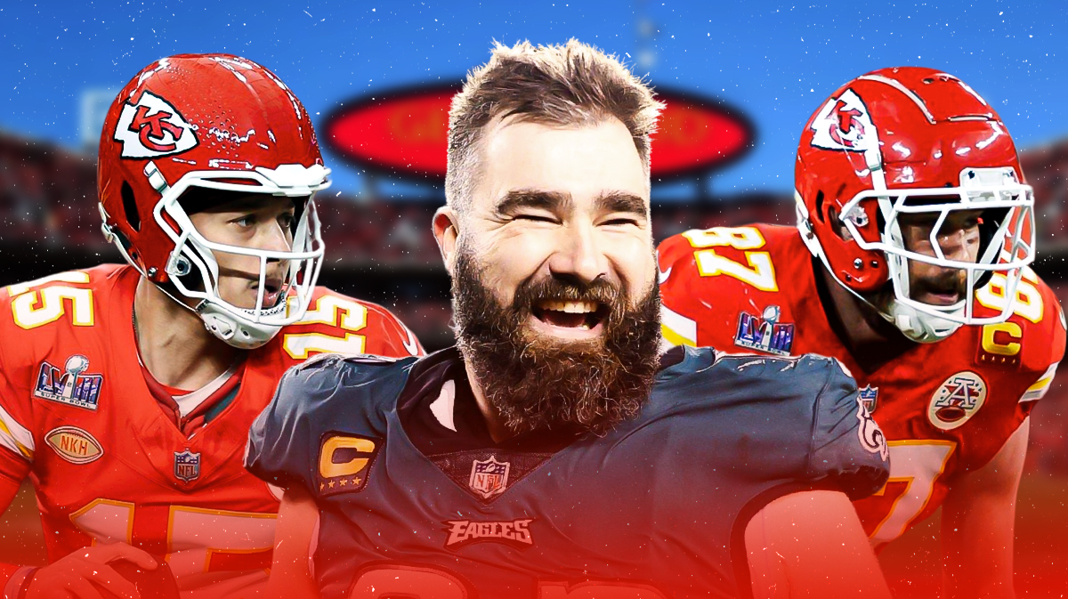 Jason Kelce surrounded by Patrick Mahomes and Travis Kelce