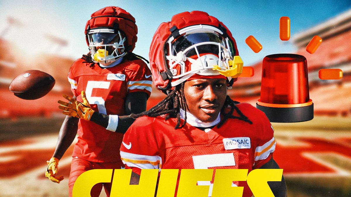 Kansas City Chiefs wide receiver Marquise Brown next to emergency siren