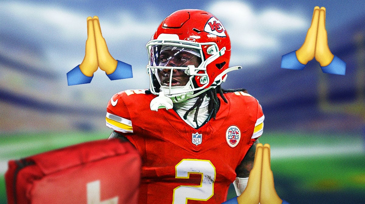 Marquise Brown in a Chiefs jersey with a medical red cross in front of him and prayer hands emojis all around.