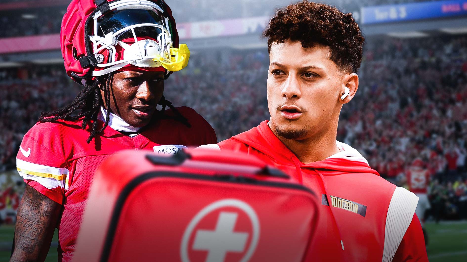 Patrick Mahomes in a Chiefs jersey, Marquise Brown in a Chiefs jersey with a first aid kit next to him.