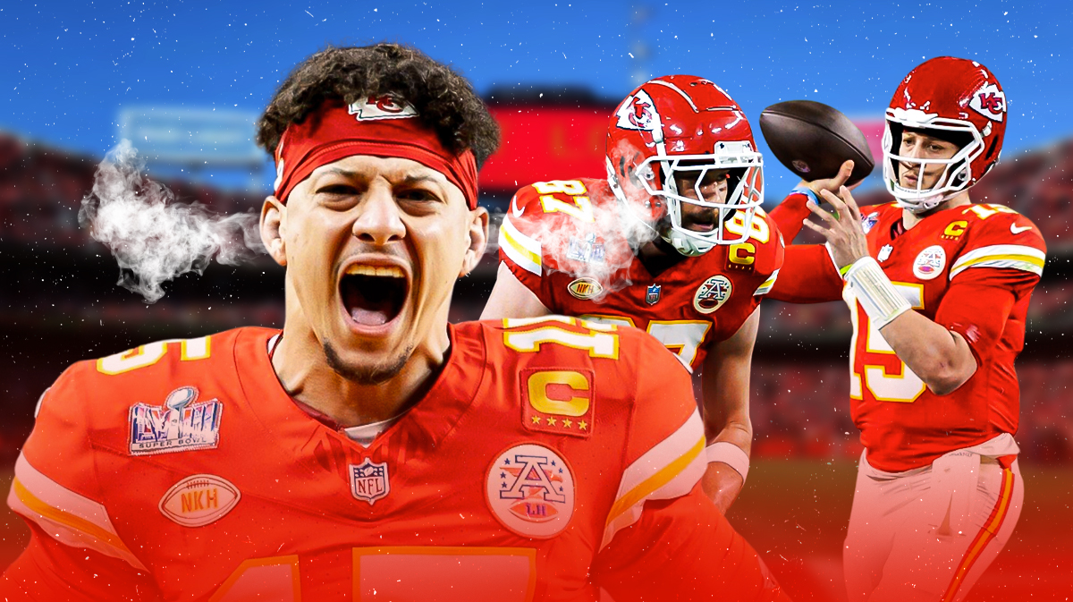 Chiefs Patrick Mahomes throwing a behind the back pass to Chiefs Travis Kelce in background. In front, Chiefs Patrick Mahomes with smoke coming out of his ears.