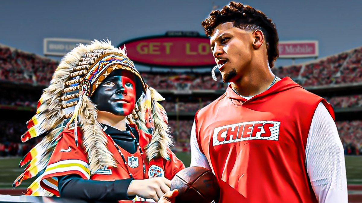 Chiefs QB Patrick Mahomes with football in hand next to Chiefs fan with heart emojis around them