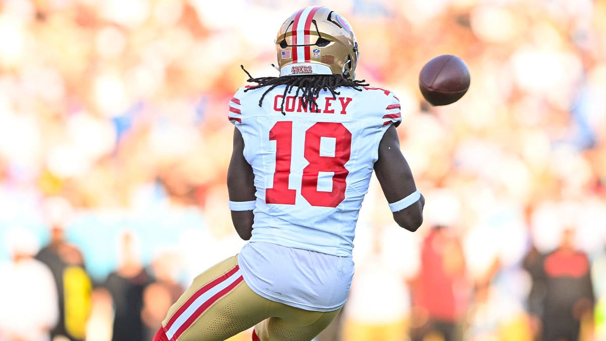 San Francisco 49ers wide receiver Chris Conley (18) makes a catch against the Tennessee Titans during the first half at Nissan Stadium.