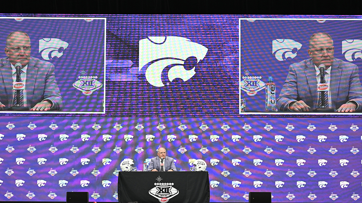 Head coach Chris Klieman of Kansas State speaks to the media during the Big 12 Media Days at Allegiant Stadium.