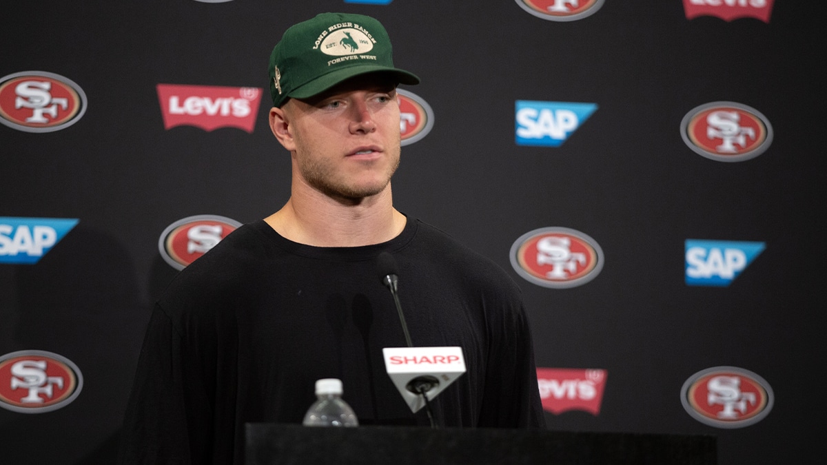 San Francisco 49ers running back Christian McCaffrey answers questions at a press conference following Day 3 of training camp at SAP Performance Facility.