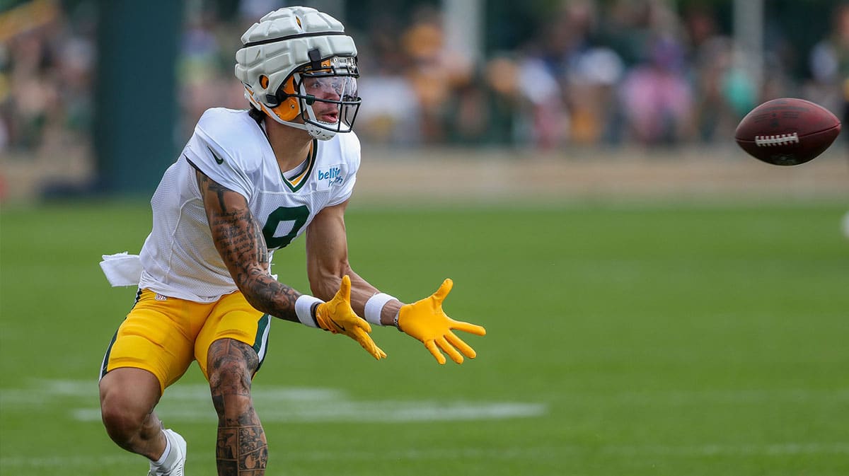 Green Bay Packers wide receiver Christian Watson (9) catches a pass during the 12th practice of training camp on Tuesday, August 6, 2024, at Ray Nitschke Field in Ashwaubenon, Wis. Tork Mason/USA TODAY NETWORK-Wisconsin