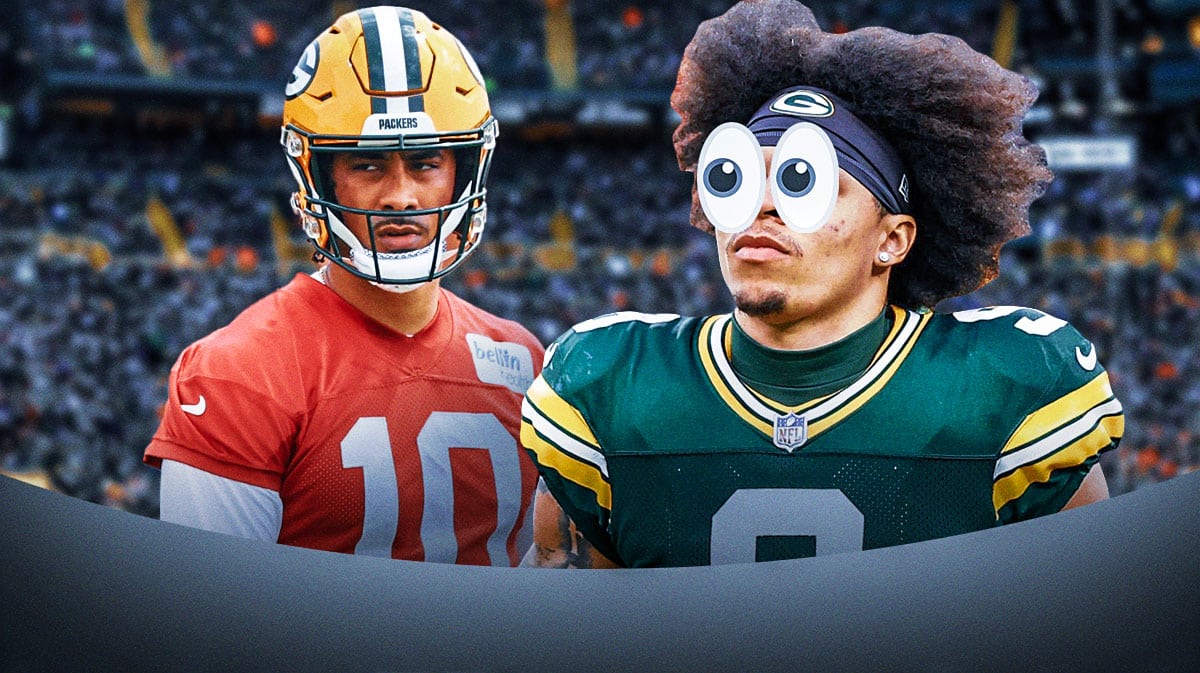 Packers Christian Watson with emoji eyes looking at Jordan Love