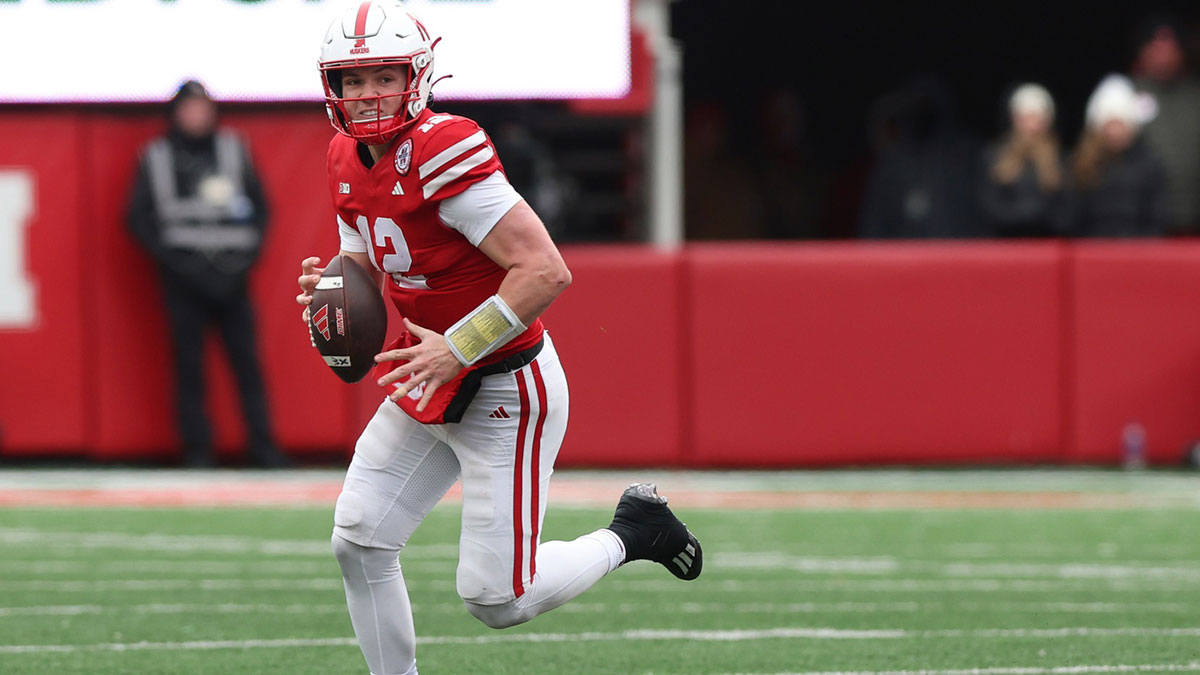 Nebraska Cornhuskers quarterback Chubba Purdy (12) looks to pass against the Iowa Hawkeyes at Memorial Stadium. 