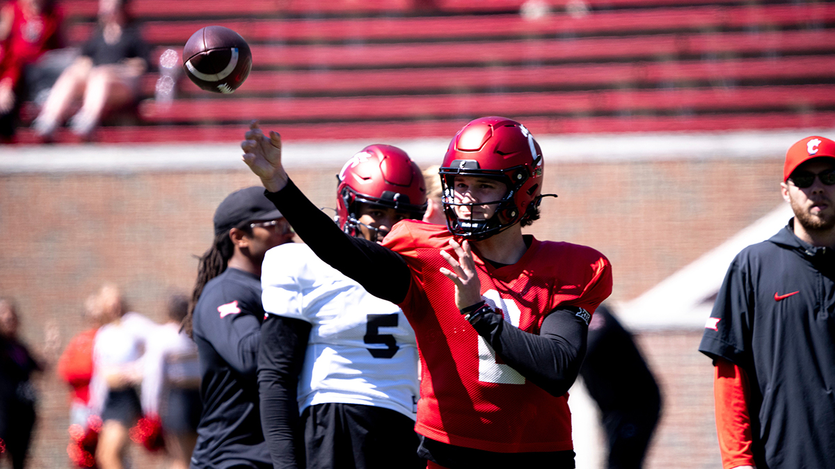 Cincinnati Bearcats quarterback Brendan Sorsby (2) throws a pass during the University of Cincinnati annual Red and Black Spring football game and practice at Nippert Stadium in Cincinnati on Saturday, April 13, 2024.