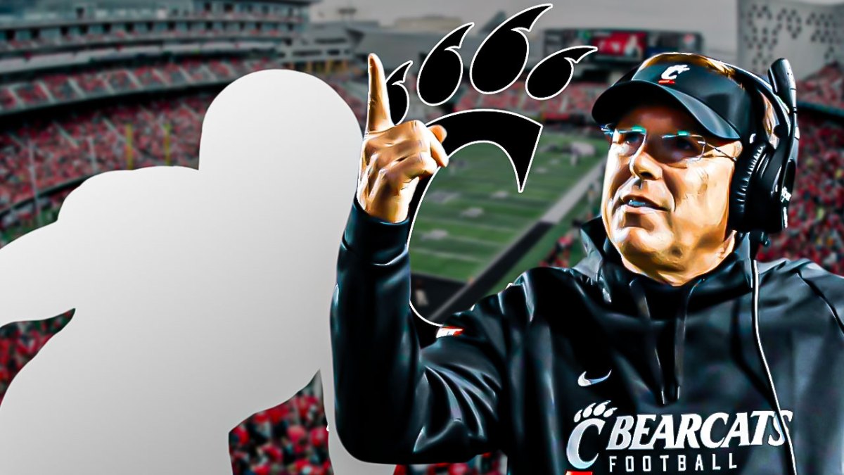 Cincinnati football HC Scott Satterfield next to blank silhouette and a Cincinnati Bearcats logo
