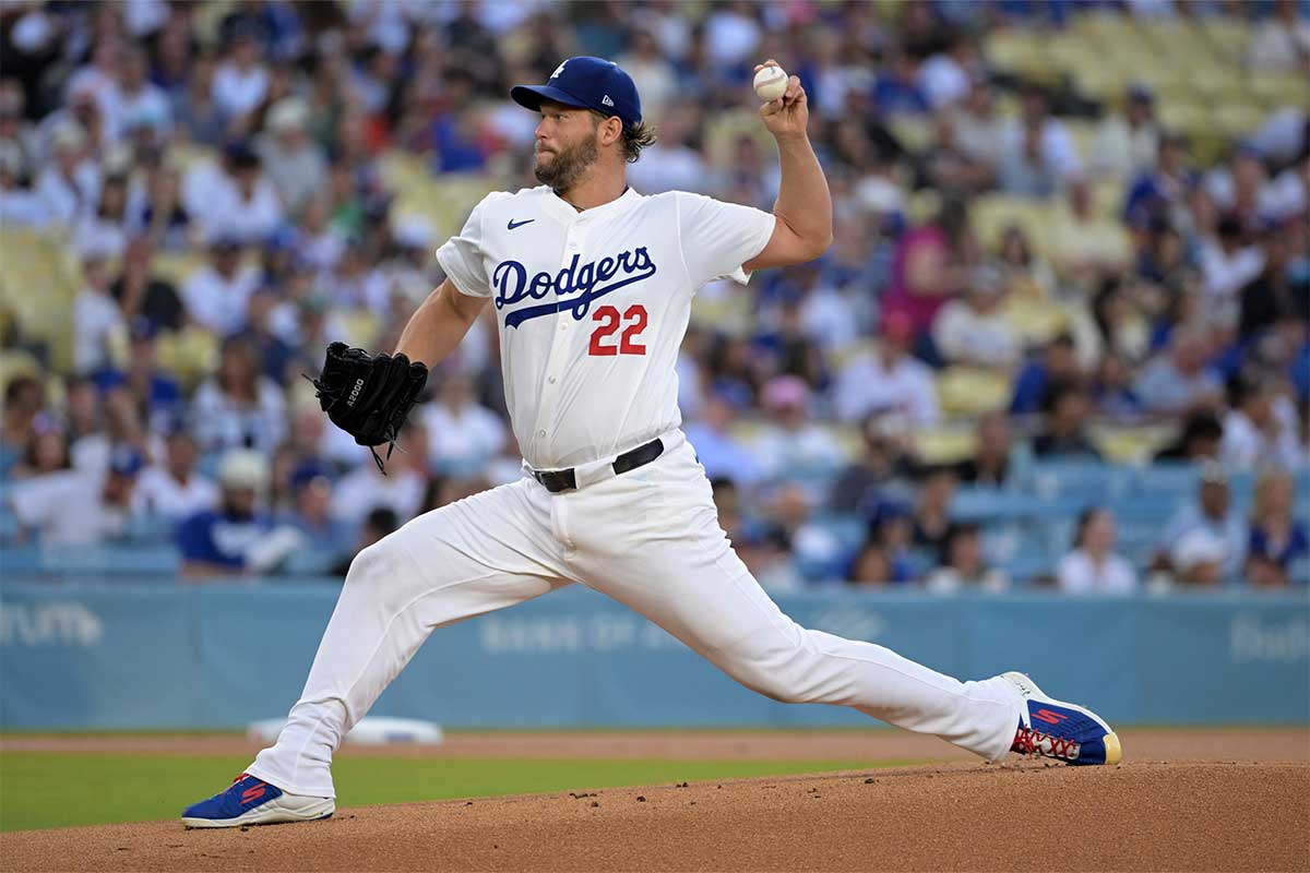 Los Angeles Dodgers starting pitcher Clayton Kershaw (22) delivers to the plate in the first inning against the Philadelphia Phillies at Dodger Stadium. 