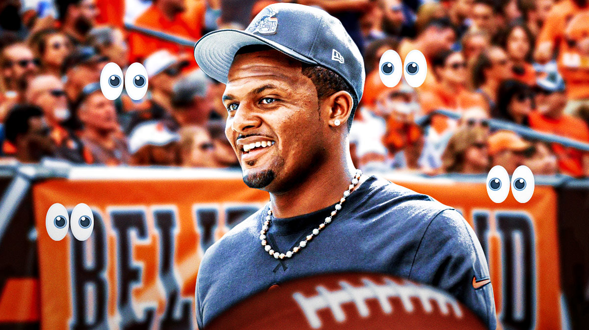 Deshaun Watson on one side, a bunch of Cleveland Browns on the other side with the big eyes emoji around them