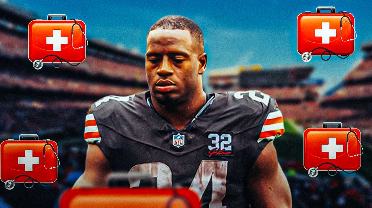 Browns' Nick Chubb with first aid kits around him