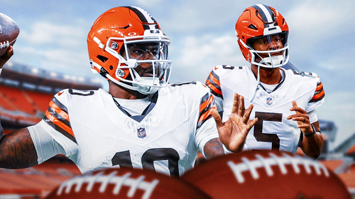 Tyler Huntley in a Browns jersey and Jameis Winston in a Browns jersey.