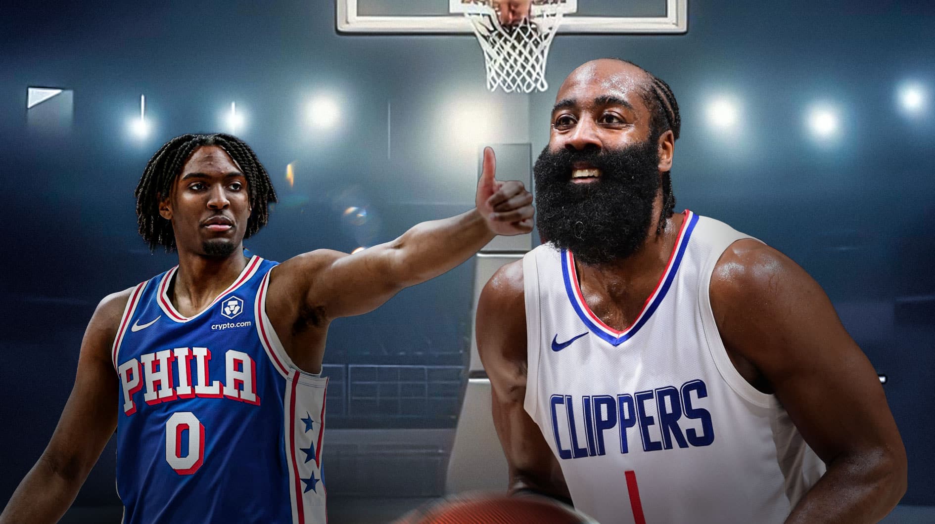 James Harden looking proud at Tyrese Maxey