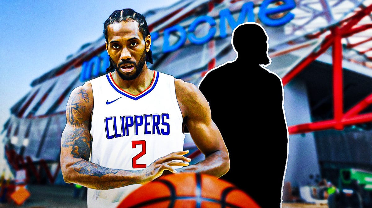 Kawhi Leonard and Silhouette of Kevin Durant in front of Intuit Dome