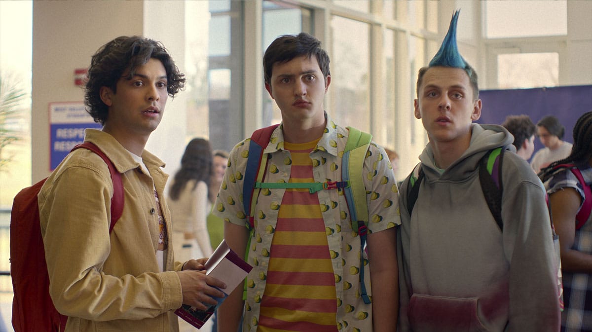 Xolo Maridueña, Gianni DeCenzo, and Jacob Bertrand in Cobra Kai Season 6.