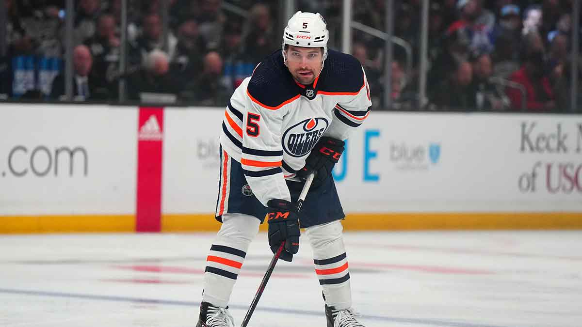 Edmonton Oilers defenseman Cody Ceci (5) in the first period of game three of the first round of the 2022 Stanley Cup Playoffs against the LA Kings at Crypto.com Arena.